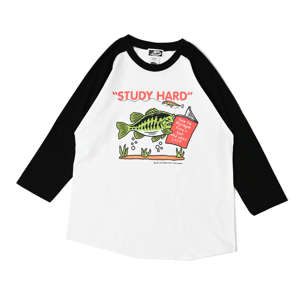 STUDY HARD_raglan long T-shirt (White / Black) バス釣り アパレル NO THINKER SUPPLY